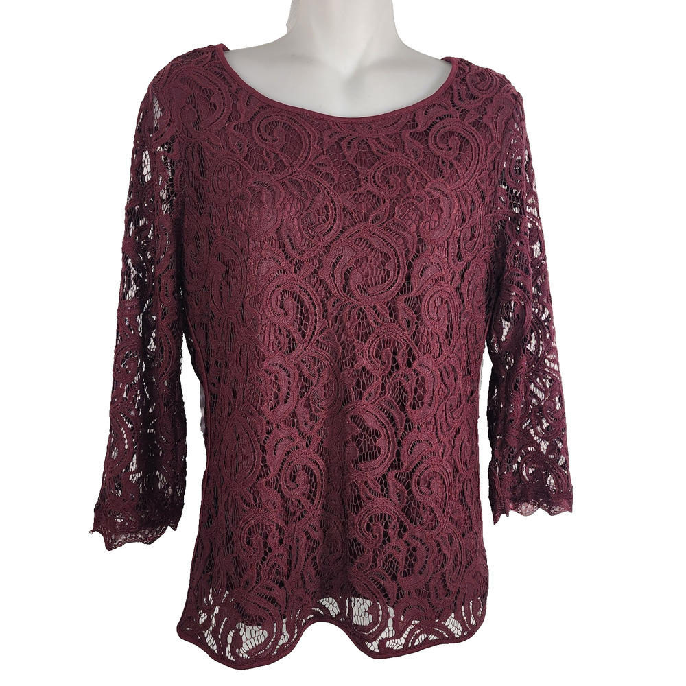 Adrianna Papell Womens Lace Top Blouse Medium Burgundy 3/4 Sleeve Lined Romantic